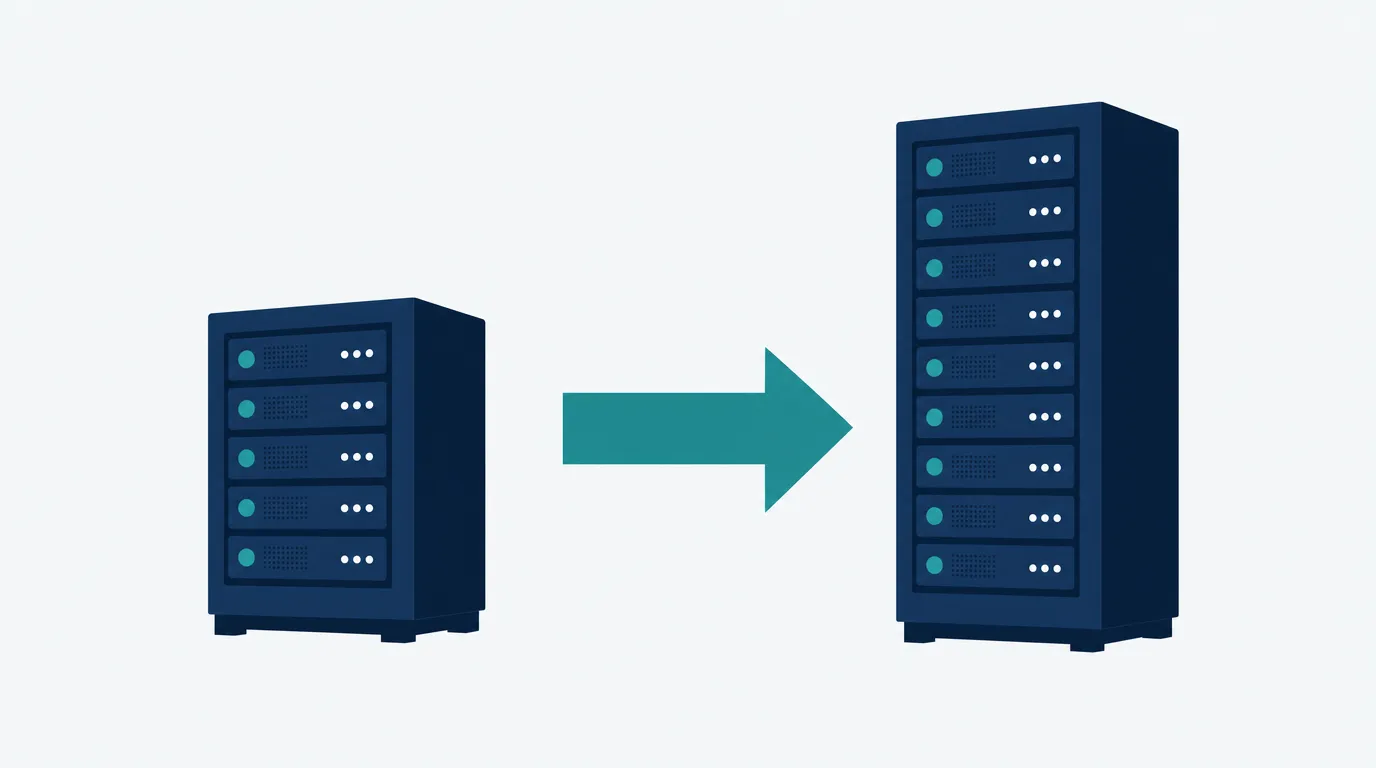 Two navy server cabinets, the right one taller, with a teal arrow between them.