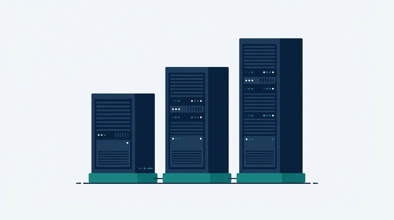 Three navy server cabinets, each taller than the one beside it.