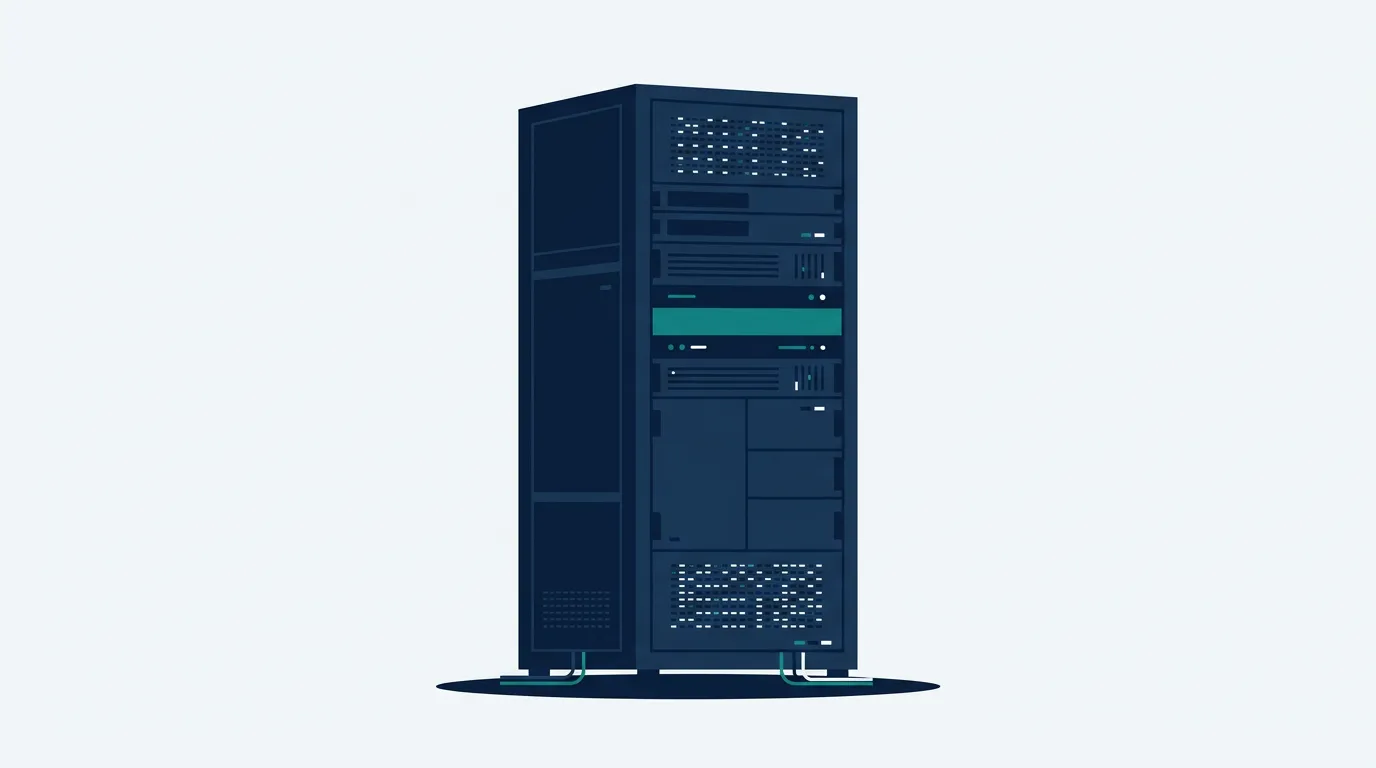 A tall navy server cabinet with a teal bar across the middle.