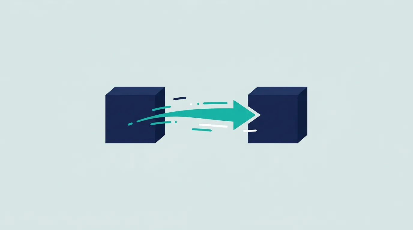 Two navy blocks with a teal arrow pointing from the left block to the right.