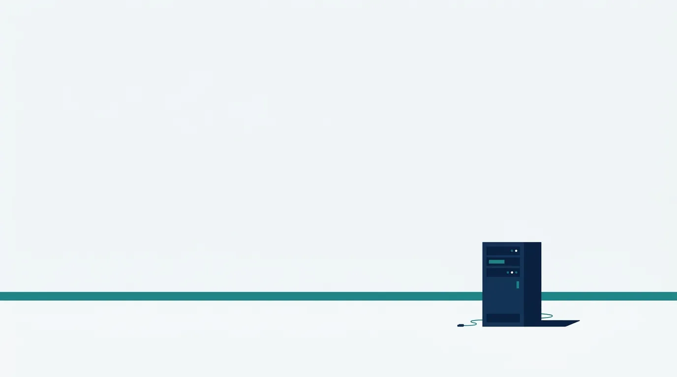 A small navy server cabinet on a teal line, with empty space around it.